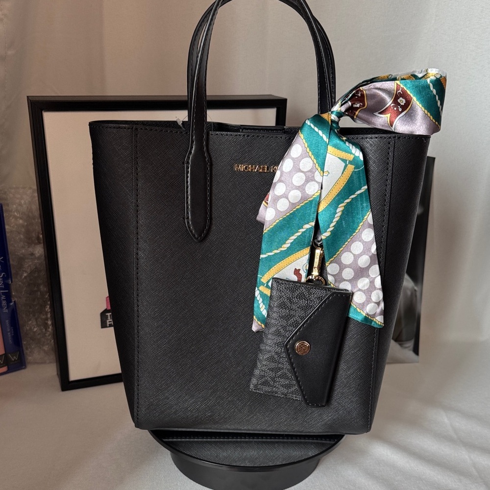 Michael Kors Black Saffiano Leather Tote with Colorful Scarf Accent